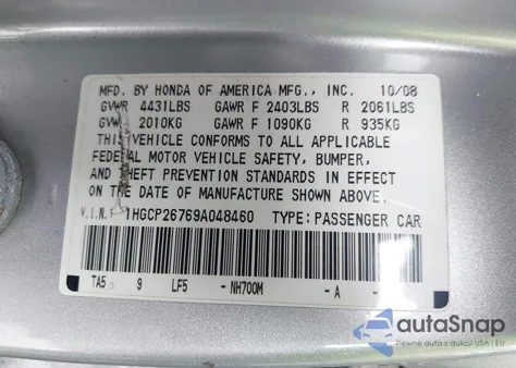 2009 Honda Accord Ex from USA, damaged, VIN 1HGCP26769A048460